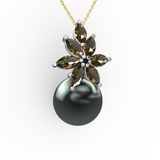 Kar Çiçeği İnci Kolye - Siyah inci ve dumanlı kuvars 925 ayar gümüş kolye (40 cm altın rolo zincir) #53jczy