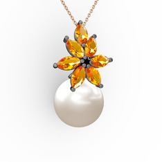 Kar Çiçeği İnci Kolye - Inci ve sitrin 925 ayar siyah rodyum kaplama gümüş kolye (40 cm gümüş rolo zincir) #54fhm2