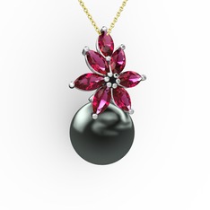Kar Çiçeği İnci Kolye - Siyah inci ve rodolit garnet 18 ayar beyaz altın kolye (40 cm altın rolo zincir) #58vjnv
