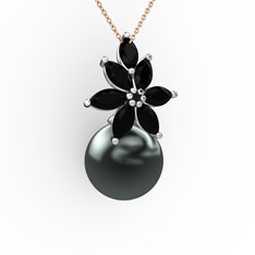 Kar Çiçeği İnci Kolye - Siyah inci ve siyah zirkon 8 ayar beyaz altın kolye (40 cm rose altın rolo zincir) #5kr4m7