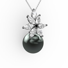 Kar Çiçeği İnci Kolye - Siyah inci ve swarovski 925 ayar siyah rodyum kaplama gümüş kolye (40 cm beyaz altın rolo zincir) #5qhu8l