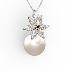 Kar Çiçeği İnci Kolye - Inci ve swarovski 8 ayar rose altın kolye (40 cm beyaz altın rolo zincir) #67pk3
