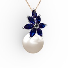 Inci ve lab safir 925 ayar gümüş kolye (40 cm rose altın rolo zincir)