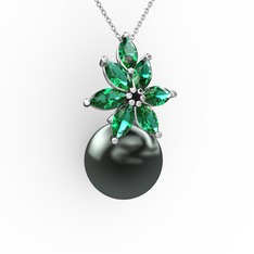 Kar Çiçeği İnci Kolye - Siyah inci ve yeşil kuvars 14 ayar beyaz altın kolye (40 cm beyaz altın rolo zincir) #6ybeks