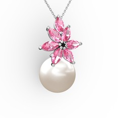 Kar Çiçeği İnci Kolye - Inci ve pembe kuvars 8 ayar beyaz altın kolye (40 cm beyaz altın rolo zincir) #78mbnb