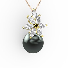 Kar Çiçeği İnci Kolye - Siyah inci ve swarovski 925 ayar altın kaplama gümüş kolye (40 cm rose altın rolo zincir) #7hun03