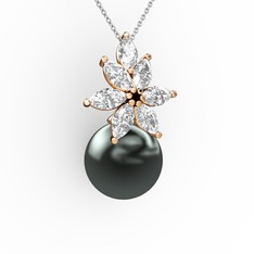 Kar Çiçeği İnci Kolye - Siyah inci ve swarovski 8 ayar rose altın kolye (40 cm beyaz altın rolo zincir) #7mrn0e