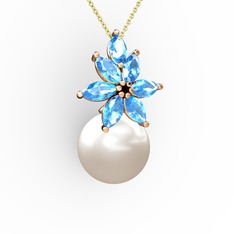 Kar Çiçeği İnci Kolye - Inci ve akuamarin 14 ayar rose altın kolye (40 cm gümüş rolo zincir) #85h9al