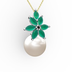 Kar Çiçeği İnci Kolye - Inci ve kök zümrüt 8 ayar beyaz altın kolye (40 cm gümüş rolo zincir) #914zw