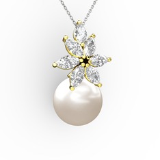 Kar Çiçeği İnci Kolye - Inci ve swarovski 18 ayar altın kolye (40 cm beyaz altın rolo zincir) #9srti4