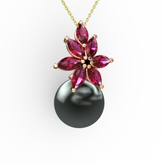 Kar Çiçeği İnci Kolye - Siyah inci ve rodolit garnet 14 ayar rose altın kolye (40 cm altın rolo zincir) #a28y4l