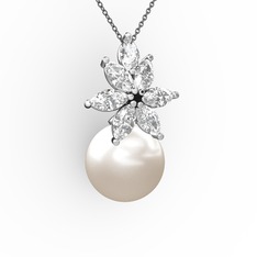 Kar Çiçeği İnci Kolye - Inci ve swarovski 14 ayar beyaz altın kolye (40 cm gümüş rolo zincir) #csdl76