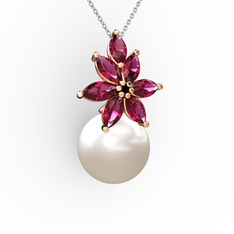 Kar Çiçeği İnci Kolye - Inci ve rodolit garnet 18 ayar rose altın kolye (40 cm beyaz altın rolo zincir) #d2djsc