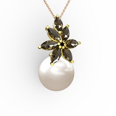 Kar Çiçeği İnci Kolye - Inci ve dumanlı kuvars 18 ayar altın kolye (40 cm gümüş rolo zincir) #edtio