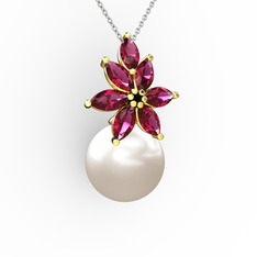 Kar Çiçeği İnci Kolye - Inci ve rodolit garnet 8 ayar altın kolye (40 cm gümüş rolo zincir) #ep28p