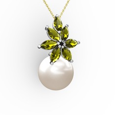 Inci ve peridot 8 ayar beyaz altın kolye (40 cm gümüş rolo zincir)