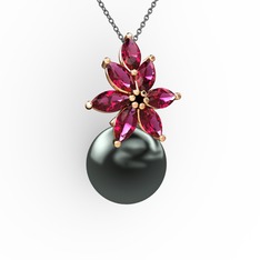 Siyah inci ve rodolit garnet 925 ayar rose altın kaplama gümüş kolye (40 cm gümüş rolo zincir)