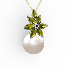 Kar Çiçeği İnci Kolye - Inci ve peridot 14 ayar beyaz altın kolye (40 cm gümüş rolo zincir) #je4cjs