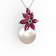 Kar Çiçeği İnci Kolye - Inci ve rodolit garnet 18 ayar beyaz altın kolye (40 cm beyaz altın rolo zincir) #jqp1g3