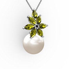 Kar Çiçeği İnci Kolye - Inci ve peridot 925 ayar gümüş kolye (40 cm gümüş rolo zincir) #k0mlns
