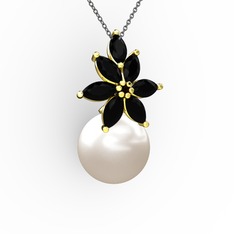 Kar Çiçeği İnci Kolye - Inci ve siyah zirkon 8 ayar altın kolye (40 cm gümüş rolo zincir) #k57mal