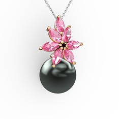 Kar Çiçeği İnci Kolye - Siyah inci ve pembe kuvars 14 ayar rose altın kolye (40 cm gümüş rolo zincir) #ll7mdx