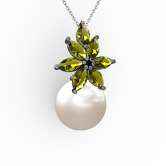 Kar Çiçeği İnci Kolye - Inci ve peridot 925 ayar siyah rodyum kaplama gümüş kolye (40 cm gümüş rolo zincir) #njlcnv