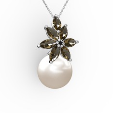 Kar Çiçeği İnci Kolye - Inci ve dumanlı kuvars 18 ayar beyaz altın kolye (40 cm beyaz altın rolo zincir) #nyl6ui