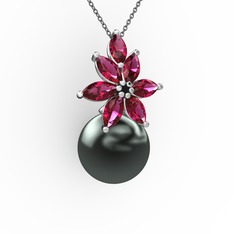 Siyah inci ve rodolit garnet 18 ayar beyaz altın kolye (40 cm gümüş rolo zincir)
