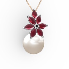 Kar Çiçeği İnci Kolye - Inci ve kök yakut 925 ayar gümüş kolye (40 cm rose altın rolo zincir) #ojmrse