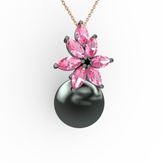 Kar Çiçeği İnci Kolye - Siyah inci ve pembe kuvars 925 ayar siyah rodyum kaplama gümüş kolye (40 cm rose altın rolo zincir) #pexz5o