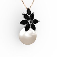 Kar Çiçeği İnci Kolye - Inci ve siyah zirkon 14 ayar beyaz altın kolye (40 cm rose altın rolo zincir) #qnbb1d