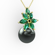 Kar Çiçeği İnci Kolye - Siyah inci ve yeşil kuvars 18 ayar altın kolye (40 cm gümüş rolo zincir) #r3v5b4