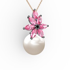 Kar Çiçeği İnci Kolye - Inci ve pembe kuvars 925 ayar siyah rodyum kaplama gümüş kolye (40 cm rose altın rolo zincir) #sh4rhq