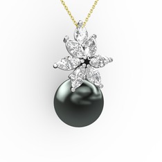 Siyah inci ve swarovski 8 ayar beyaz altın kolye (40 cm altın rolo zincir)