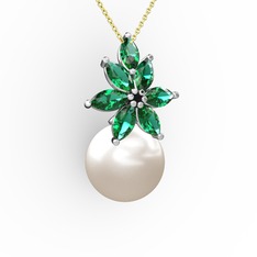 Kar Çiçeği İnci Kolye - Inci ve yeşil kuvars 18 ayar beyaz altın kolye (40 cm gümüş rolo zincir) #sz5im3