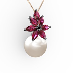 Inci ve rodolit garnet 925 ayar siyah rodyum kaplama gümüş kolye (40 cm rose altın rolo zincir)