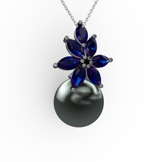 Kar Çiçeği İnci Kolye - Siyah inci ve lab safir 925 ayar siyah rodyum kaplama gümüş kolye (40 cm beyaz altın rolo zincir) #tukk0z