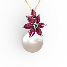 Kar Çiçeği İnci Kolye - Inci ve rodolit garnet 18 ayar beyaz altın kolye (40 cm altın rolo zincir) #u0s3ra