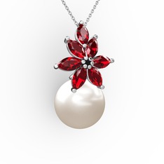 Kar Çiçeği İnci Kolye - Inci ve garnet 18 ayar beyaz altın kolye (40 cm beyaz altın rolo zincir) #uwz7dt