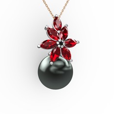 Kar Çiçeği İnci Kolye - Siyah inci ve garnet 8 ayar beyaz altın kolye (40 cm rose altın rolo zincir) #wgy5rc