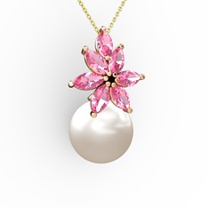 Kar Çiçeği İnci Kolye - Inci ve pembe kuvars 8 ayar rose altın kolye (40 cm altın rolo zincir) #zah7b7
