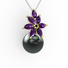 Kar Çiçeği İnci Kolye - Siyah inci ve ametist 14 ayar altın kolye (40 cm beyaz altın rolo zincir) #zeucet