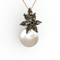 Kar Çiçeği İnci Kolye - Inci ve dumanlı kuvars 925 ayar siyah rodyum kaplama gümüş kolye (40 cm rose altın rolo zincir) #zneuw5