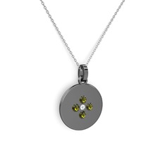 Gardenia Çiçek Kolye - Pırlanta ve peridot 925 ayar siyah rodyum kaplama gümüş kolye (0.036 karat, 40 cm gümüş rolo zincir) #1apem8g