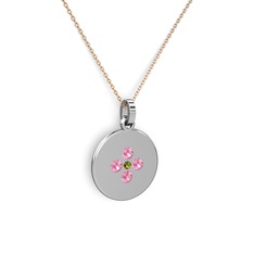 Peridot ve pembe kuvars 14 ayar beyaz altın kolye (40 cm rose altın rolo zincir)