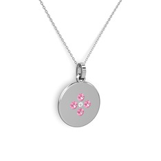 Pırlanta ve pembe kuvars 14 ayar beyaz altın kolye (0.036 karat, 40 cm gümüş rolo zincir)