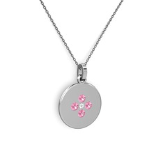 Pırlanta ve pembe kuvars 18 ayar beyaz altın kolye (0.036 karat, 40 cm gümüş rolo zincir)