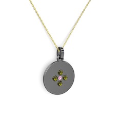 Gardenia Çiçek Kolye - Pembe kuvars ve peridot 925 ayar siyah rodyum kaplama gümüş kolye (40 cm gümüş rolo zincir) #ied38n