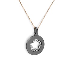 Nina Taşlı Çiçek Kolye - Swarovski 925 ayar siyah rodyum kaplama gümüş kolye (40 cm rose altın rolo zincir) #117ndtz